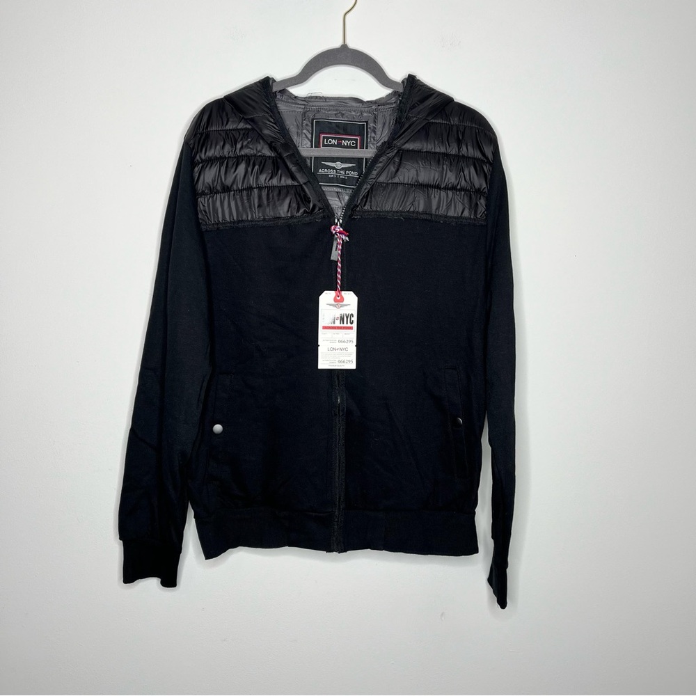 NEW Lon NYC Size Small Sleek Black Mixed Puffer Shoulder Coat with Hood Zipper